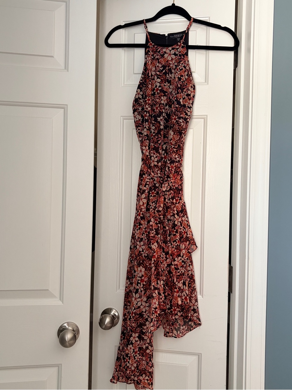 Guess Black & Coral Floral High-Low Halter Dress